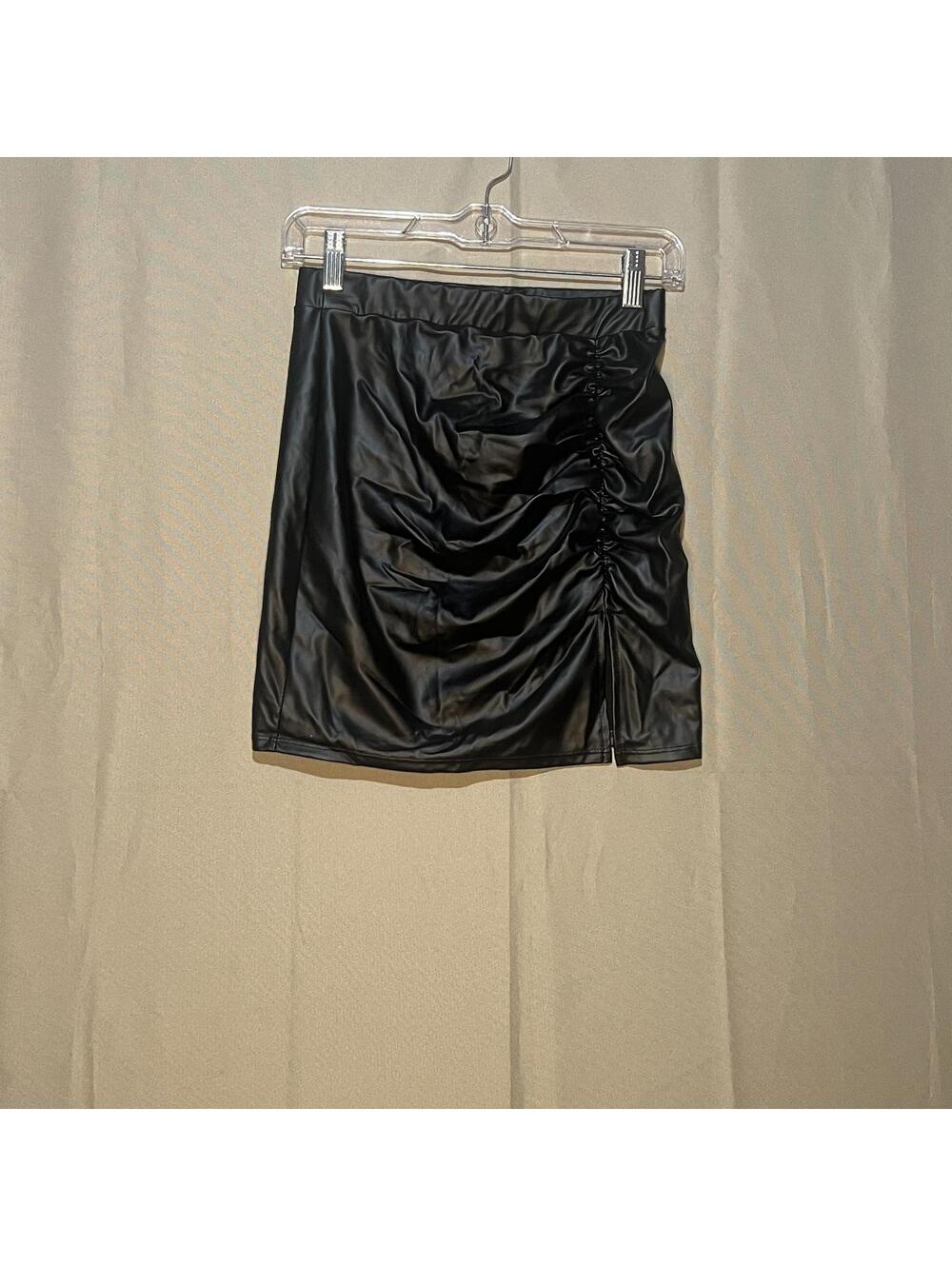 Black Faux Leather Ruched Mini Skirt